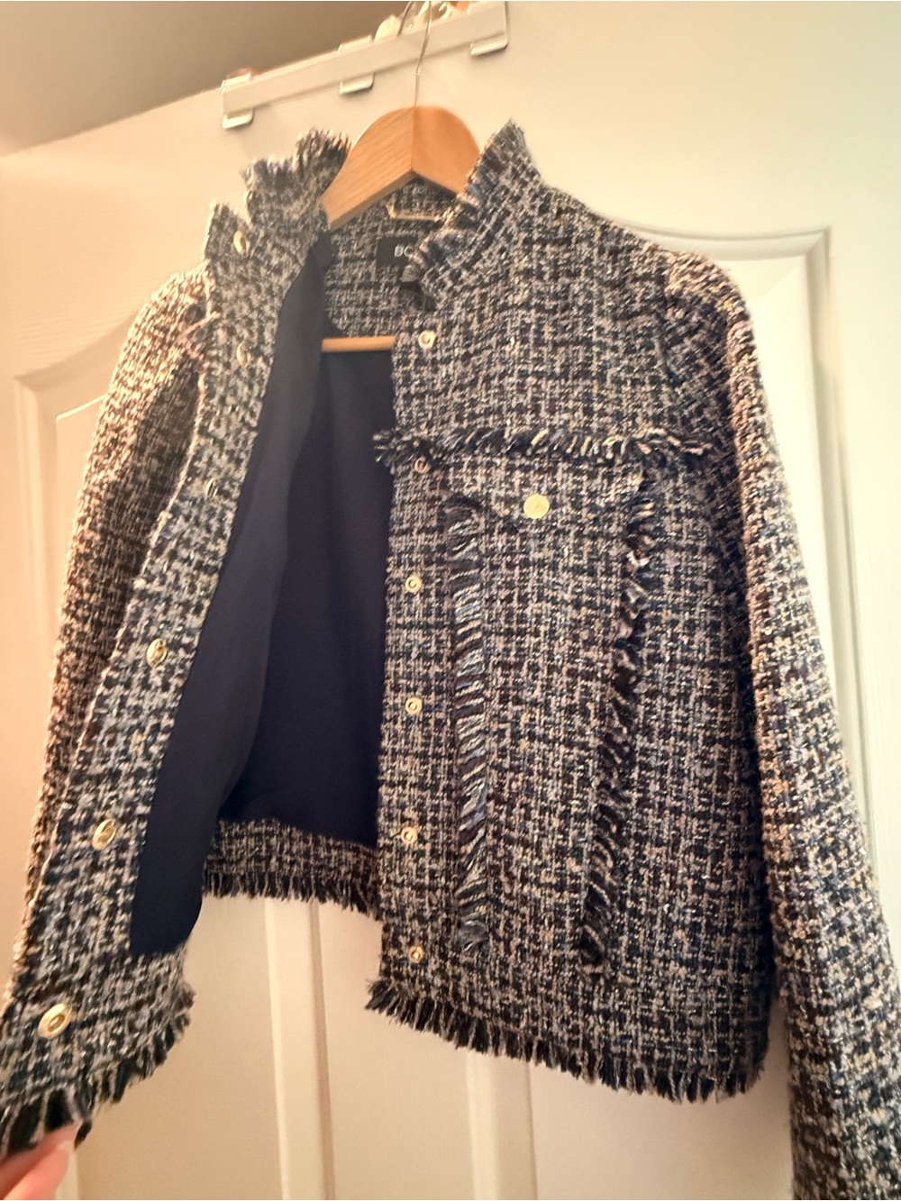 BCBGMaxAzria Navy and White Tweed Fringe-Trim Blazer